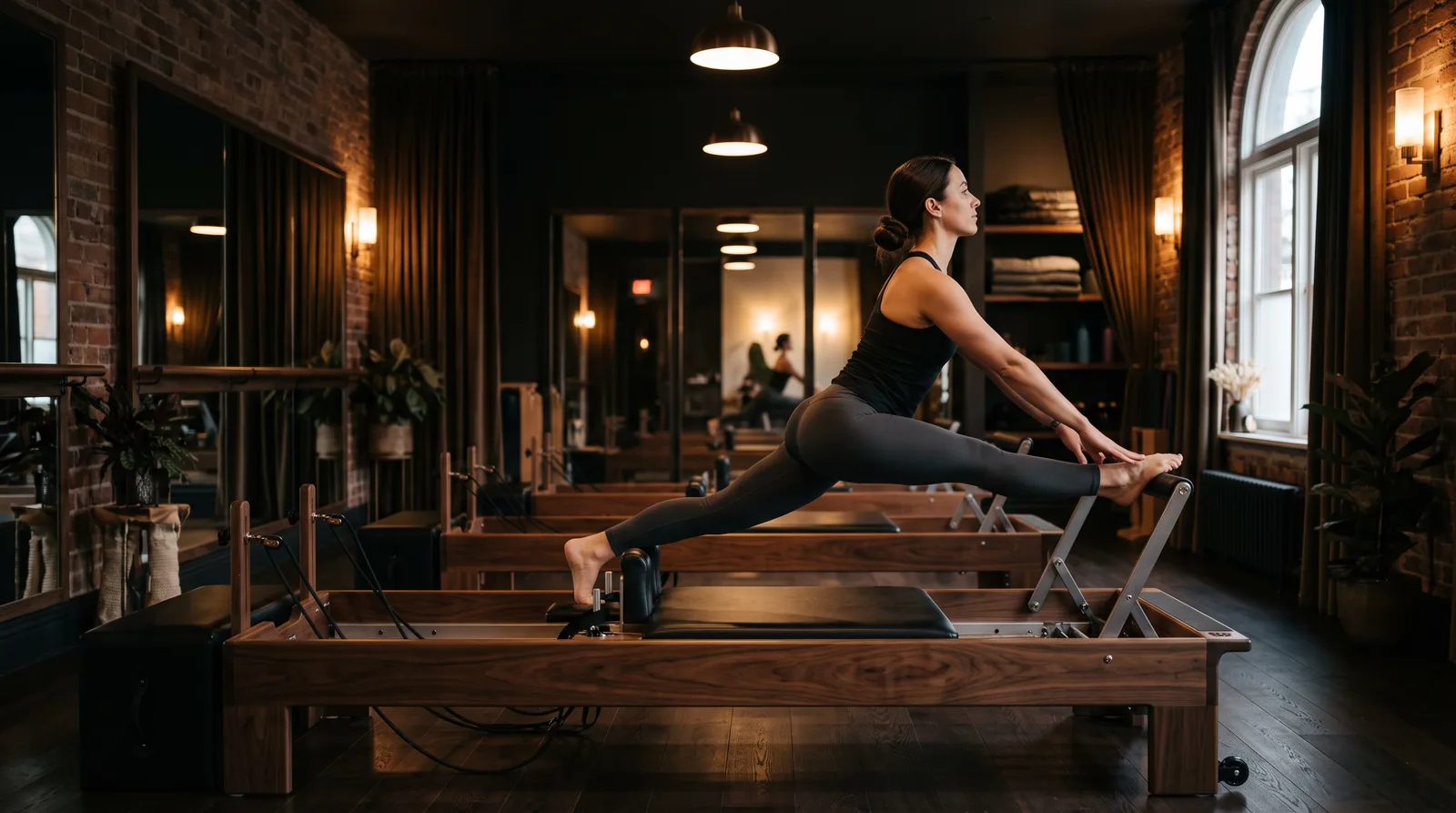 Mulher praticando pilates em um aparelho reformer em um estúdio elegante